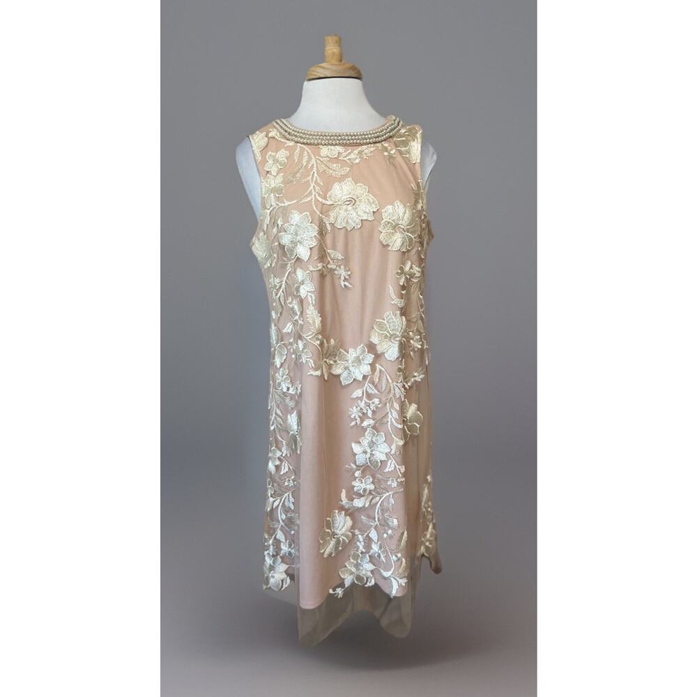 Studio One New York Blush Embroidered Tulle Overlay Faux Pearl Dress Size 14
